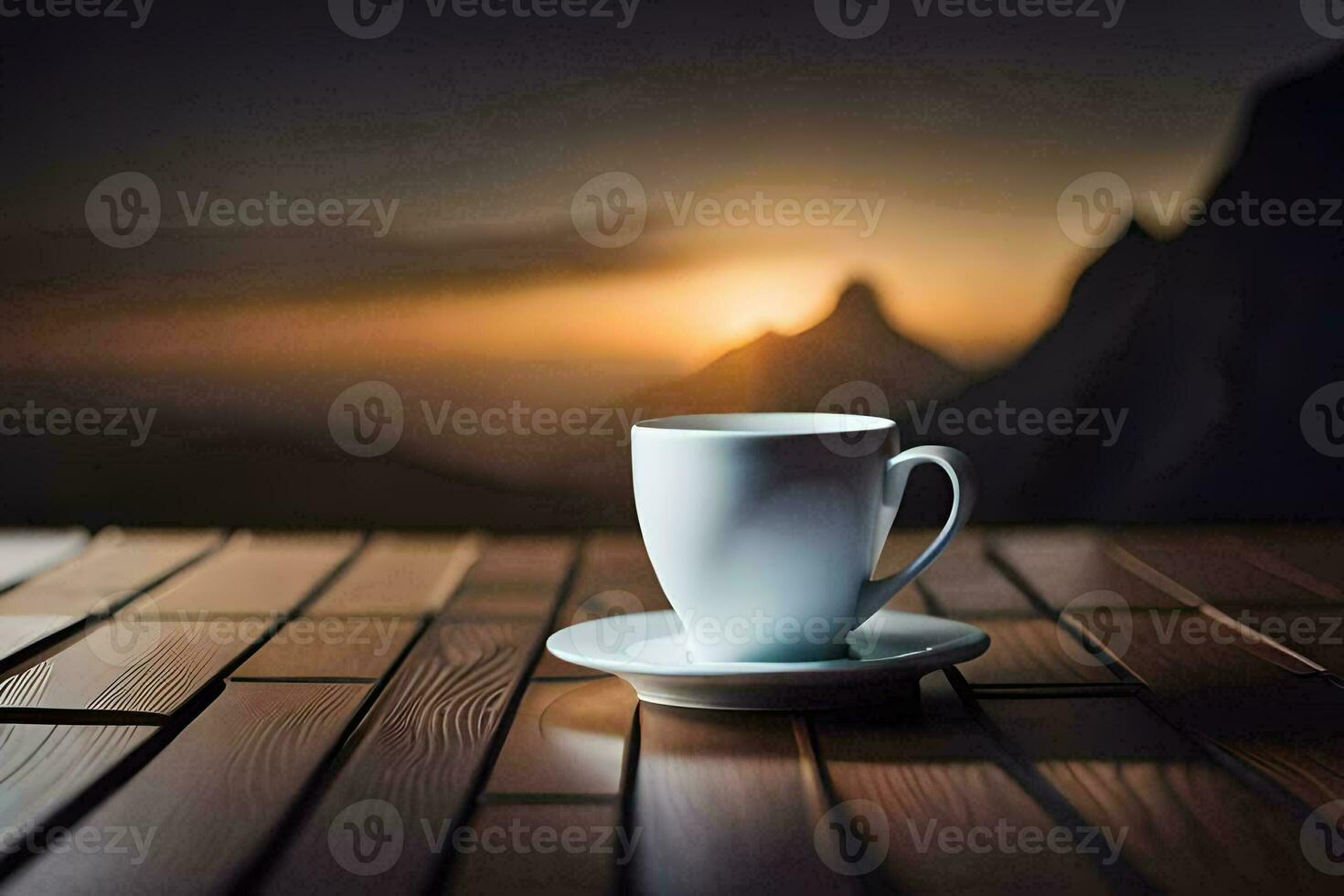 coffee cup on the table, mountains, sunrise, the sky, hd wallpaper. AI-Generated photo