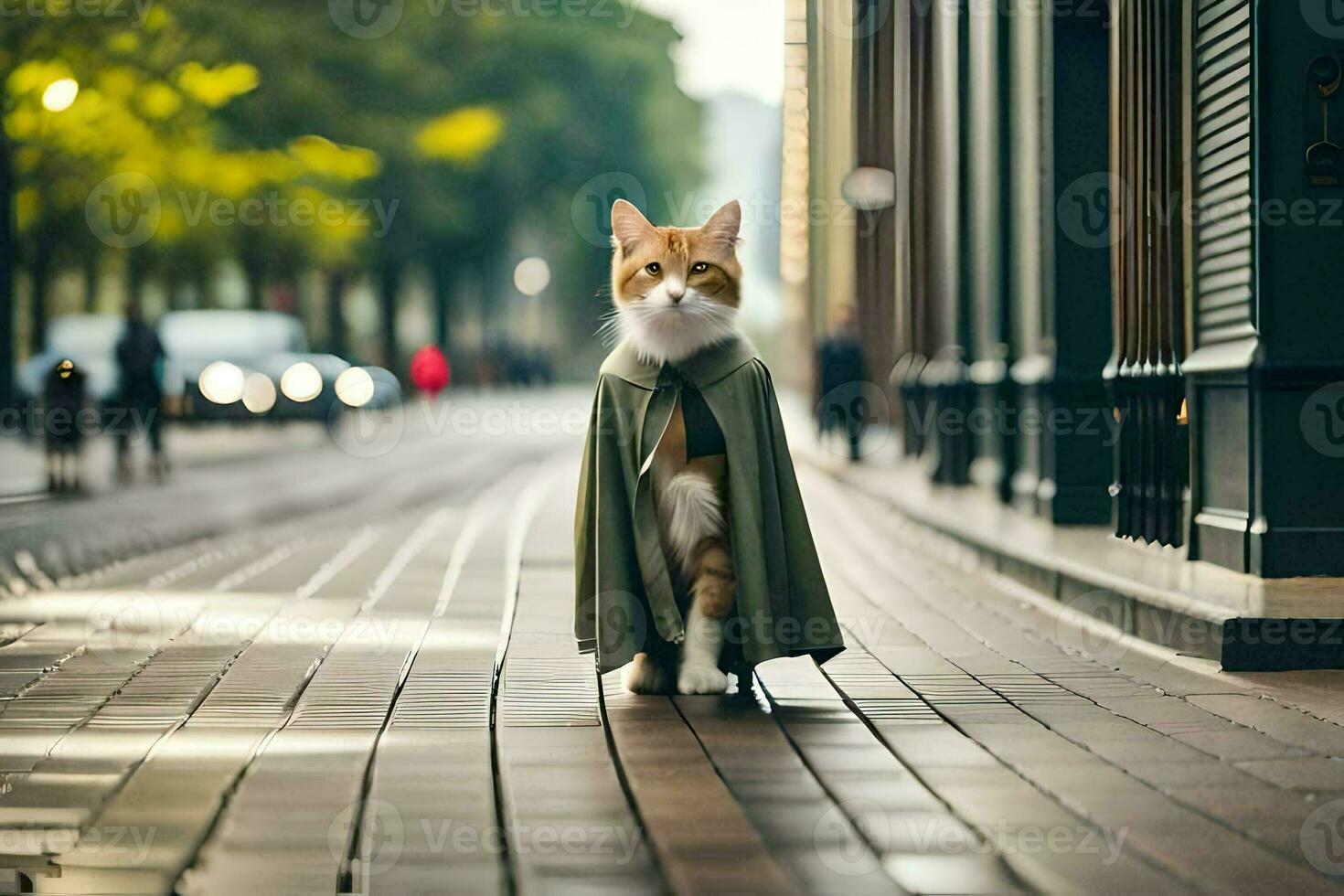 a cat wearing a cloak walks down a street. AI-Generated photo