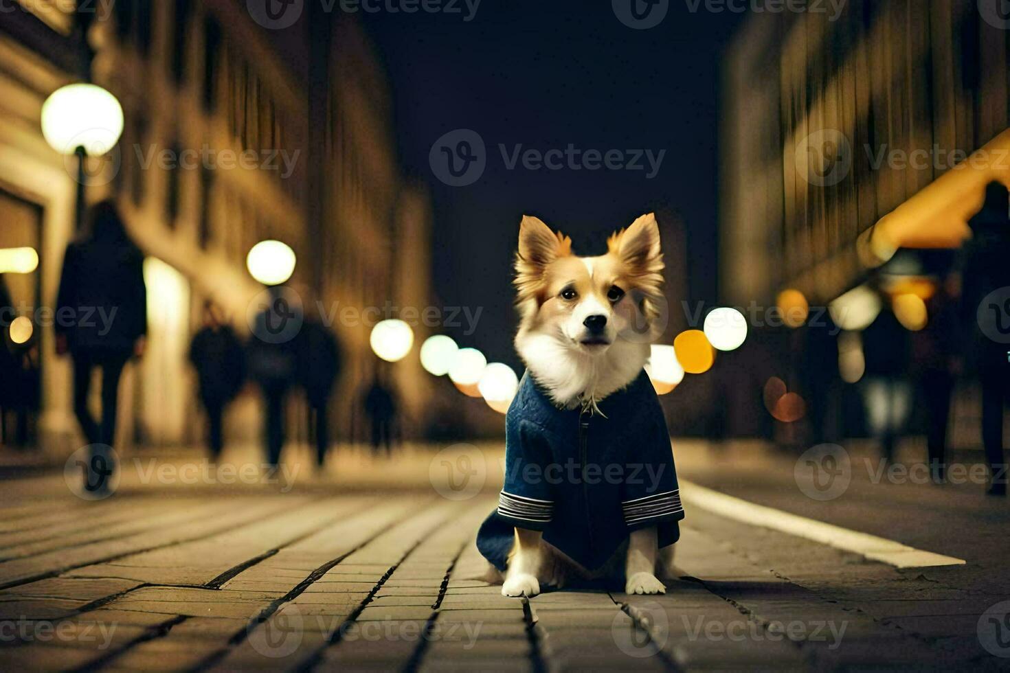 a dog in a blue jacket sitting on the street at night. AI-Generated photo