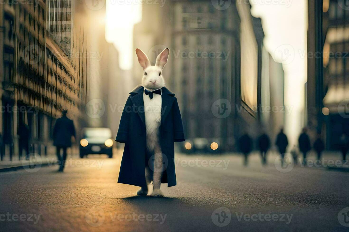 a rabbit dressed in a suit and tie standing in the middle of a city street. AI-Generated photo