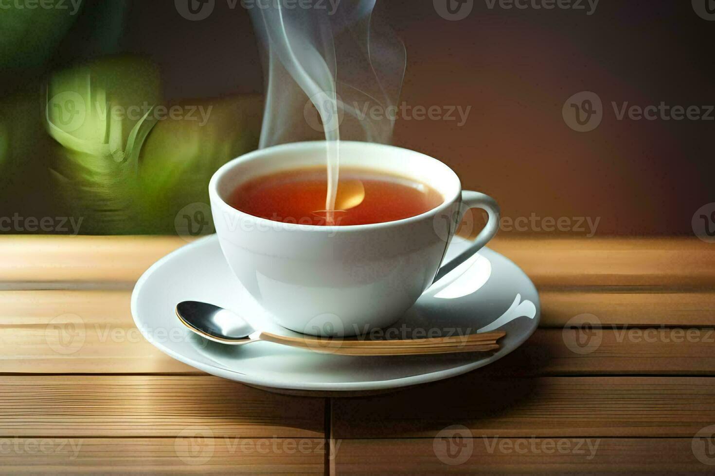 a cup of tea on a wooden table. AI-Generated photo