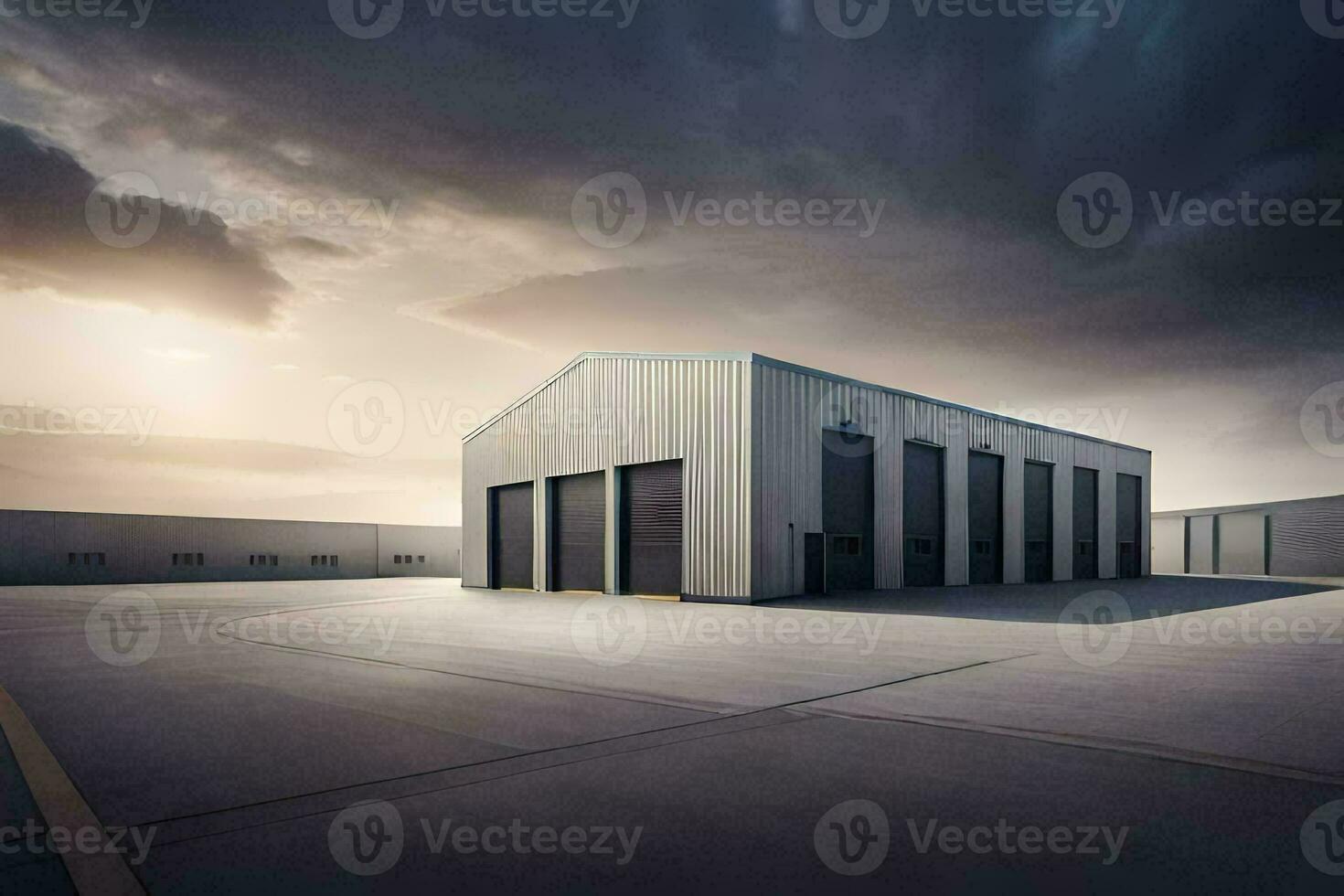 a large warehouse building with a dark sky. AI-Generated photo