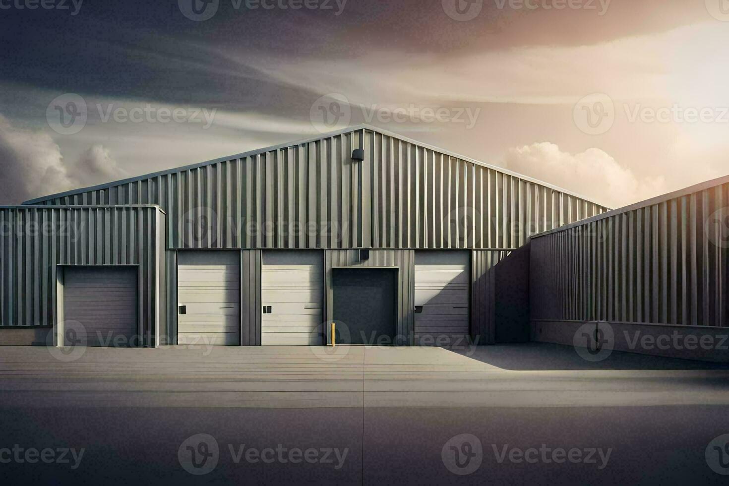 a large industrial building with two garage doors. AI-Generated photo