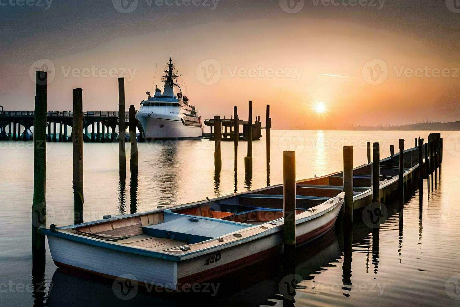 boats docked at the pier at sunset. AI-Generated photo