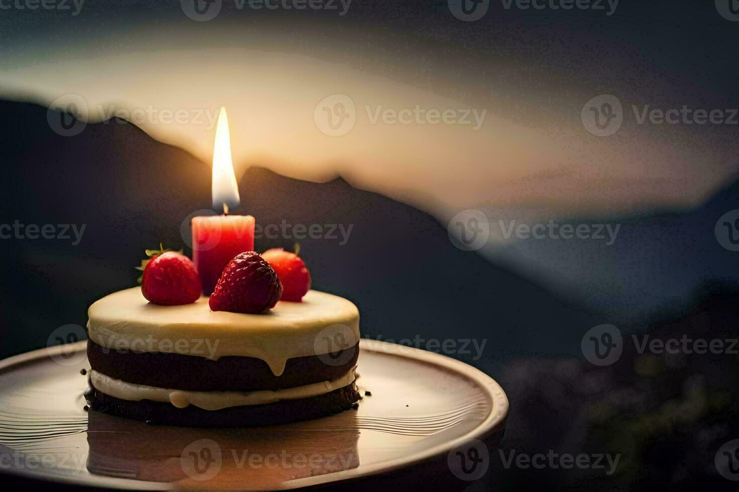 a birthday cake with a single candle on top. AI-Generated photo