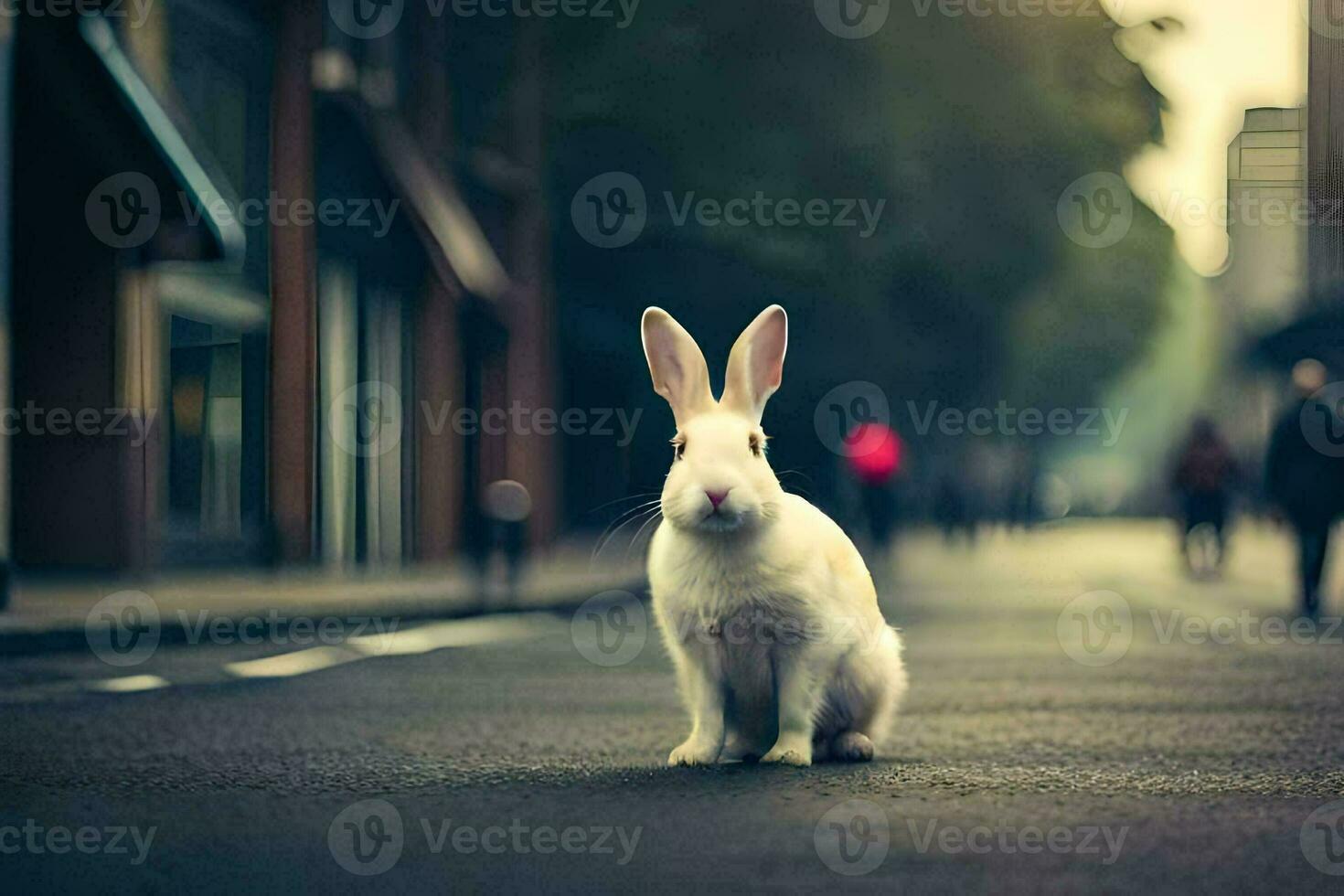 a white rabbit is sitting on the street. AI-Generated photo