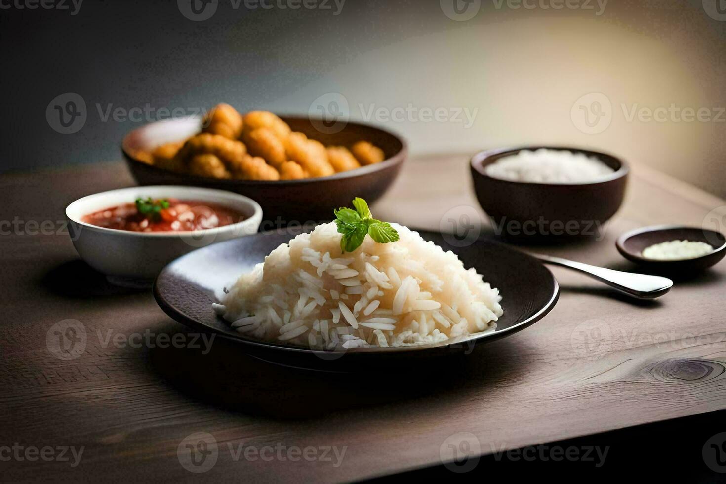 a plate of rice, a bowl of sauce and a bowl of vegetables. AI-Generated photo