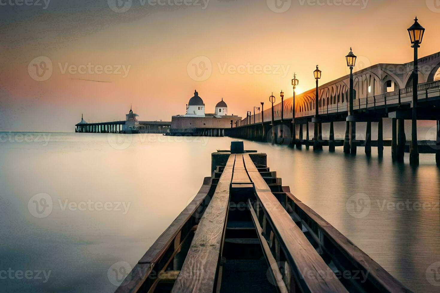 un muelle con un largo puente terminado el agua. generado por ai foto