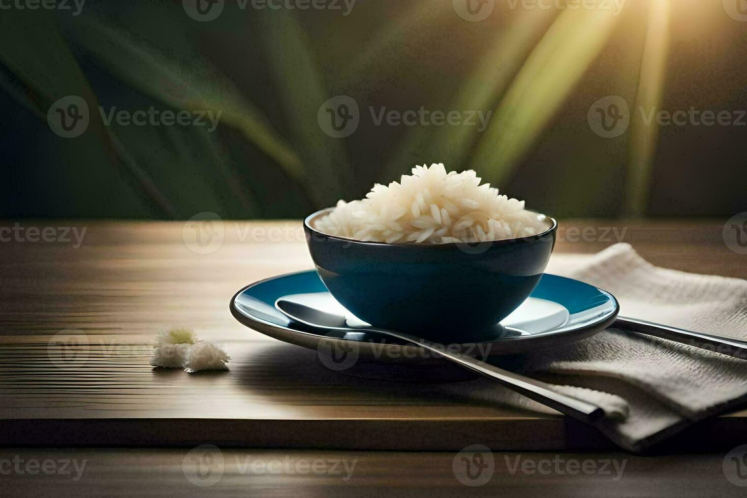 rice in a bowl and spoon on a wooden table. AI-Generated photo