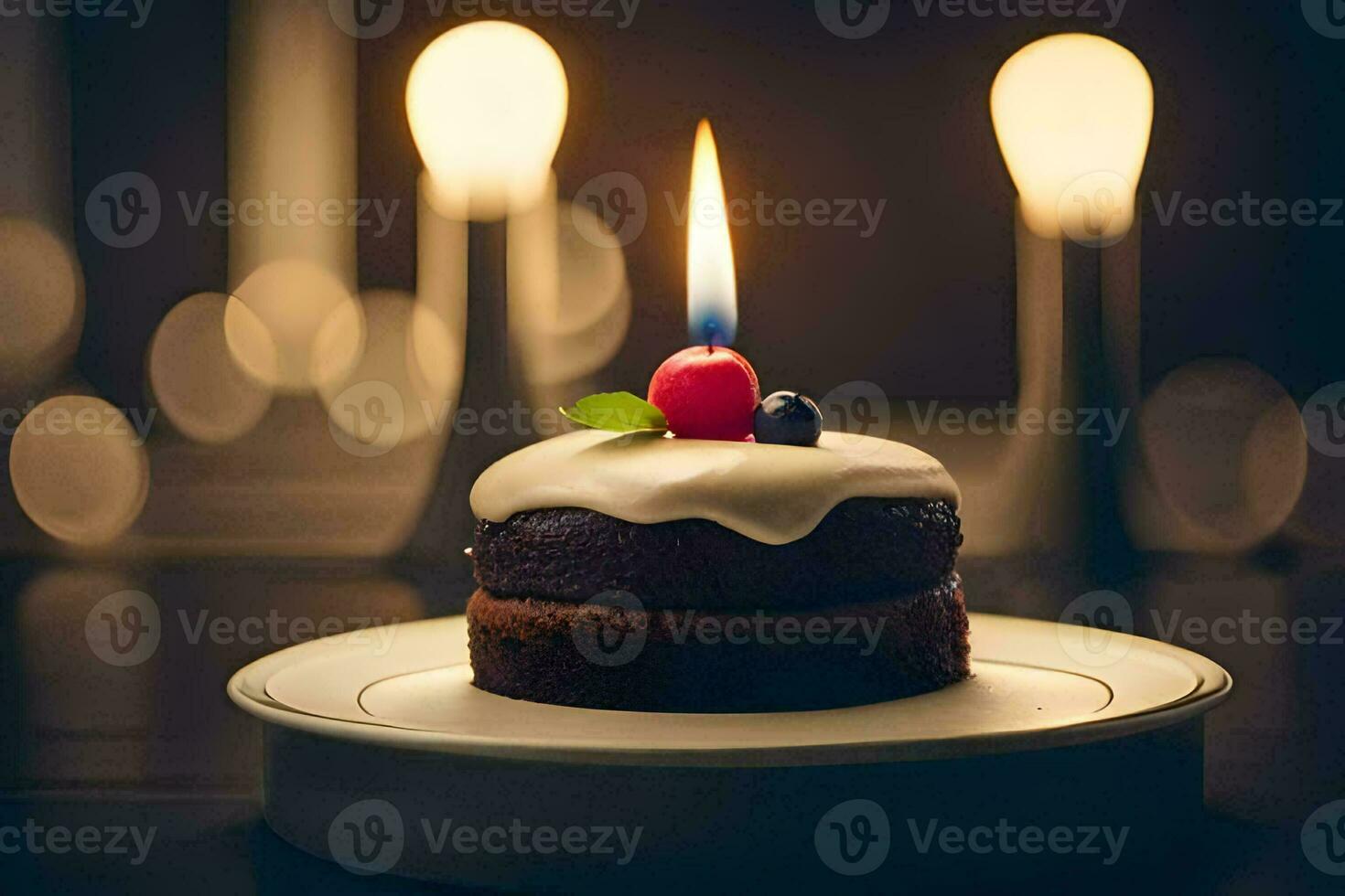 a small cake with candles on a plate. AI-Generated photo