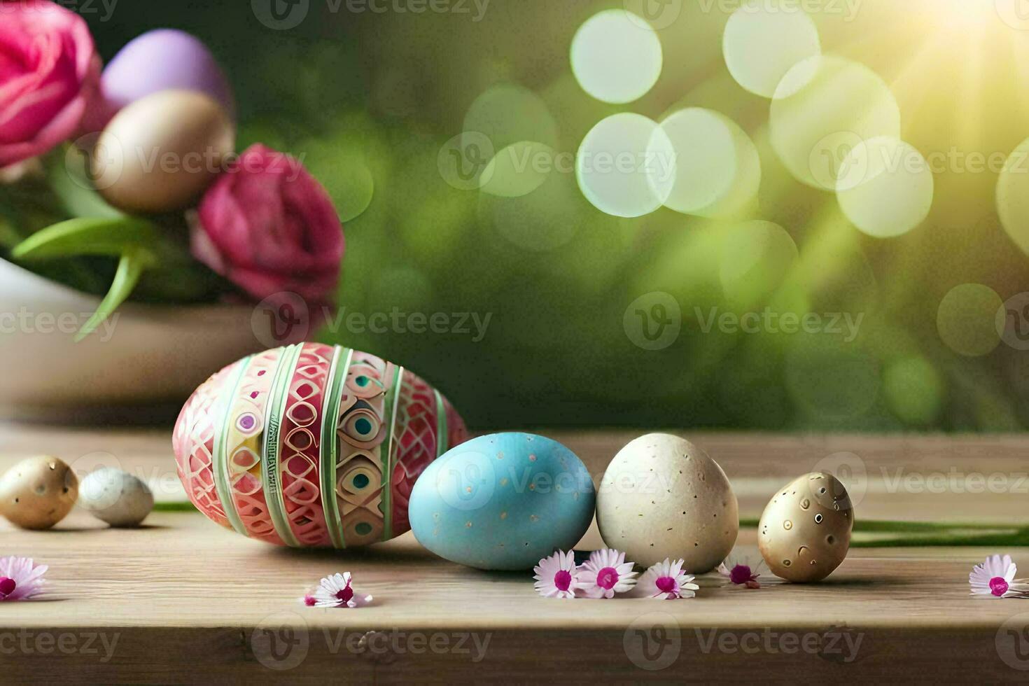 easter eggs on a table with flowers and a vase. AI-Generated photo