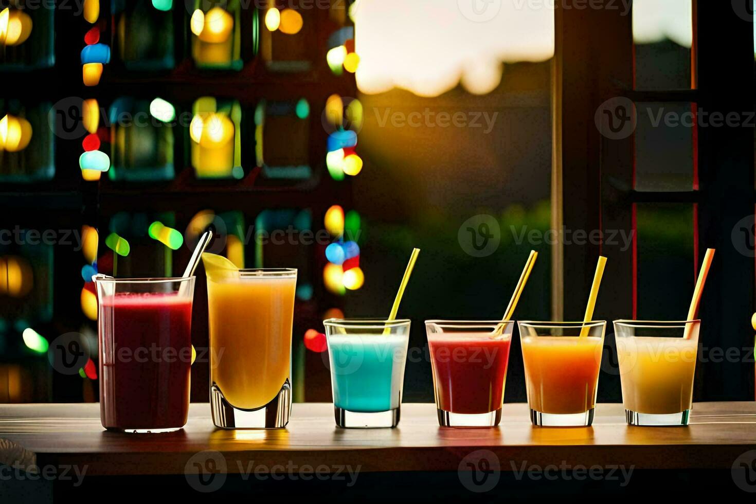 un fila de vistoso bebidas en un mesa. generado por ai foto