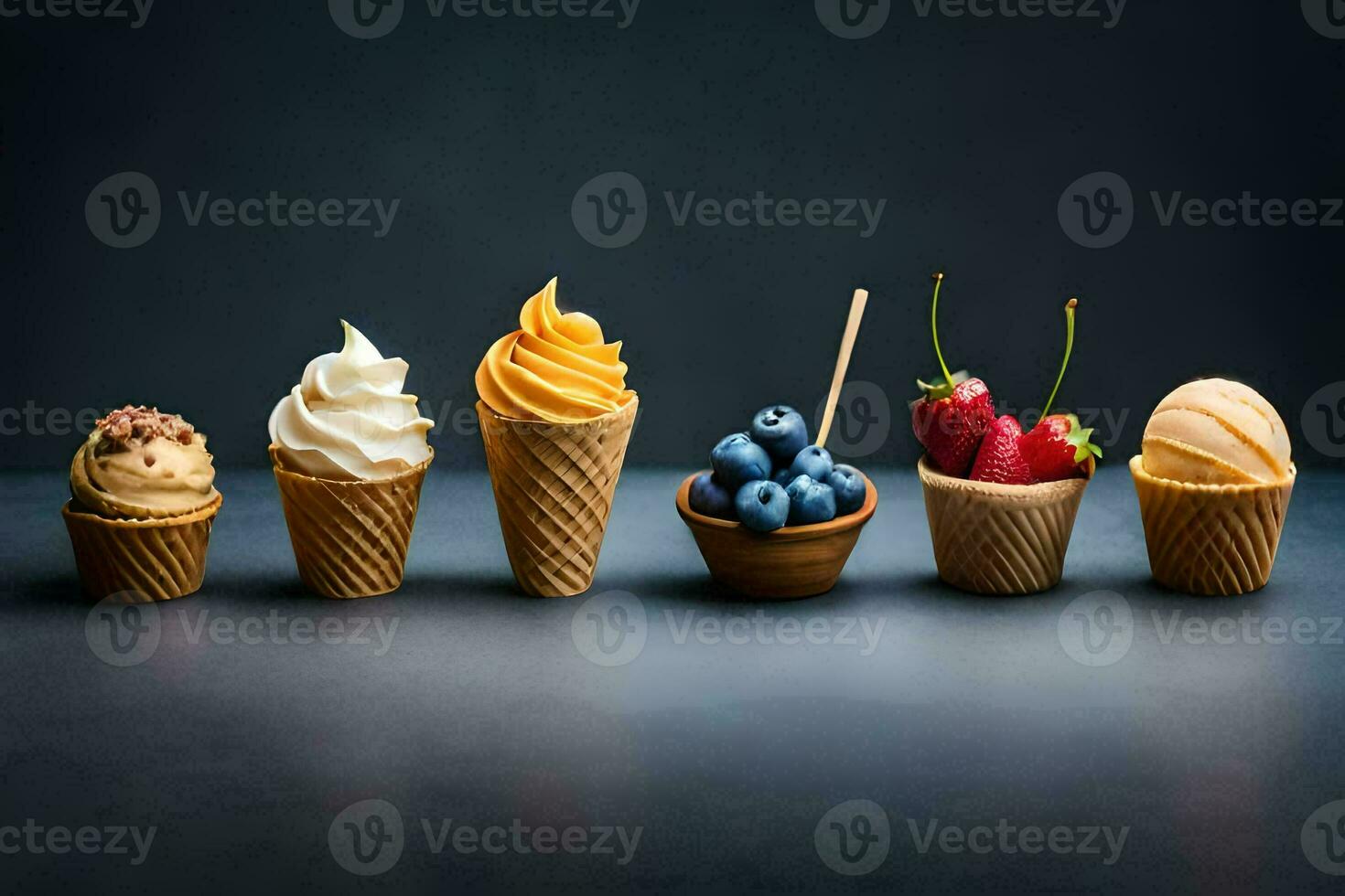 different types of ice cream in cones. AI-Generated photo
