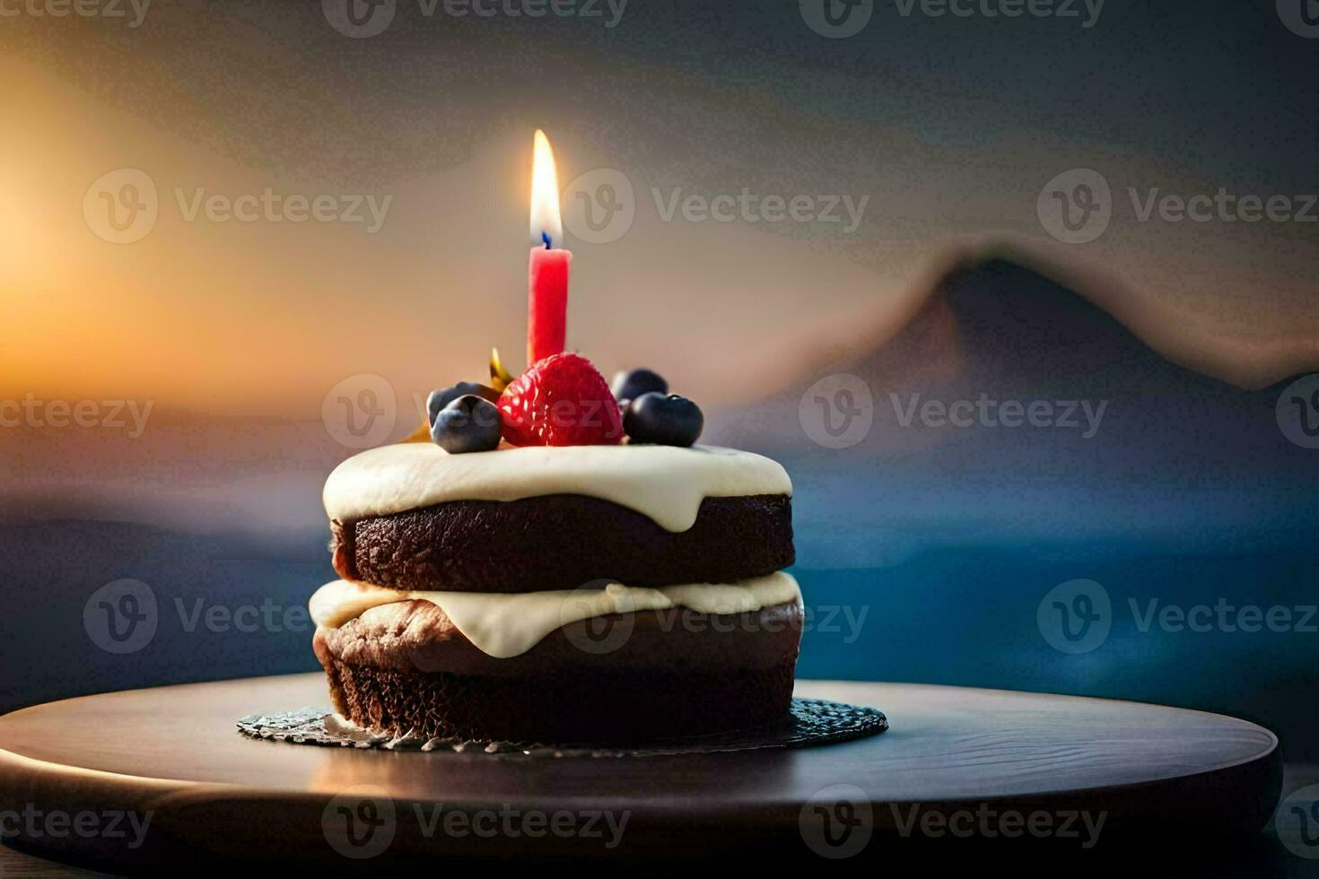 a birthday cake with a single candle on top. AI-Generated photo