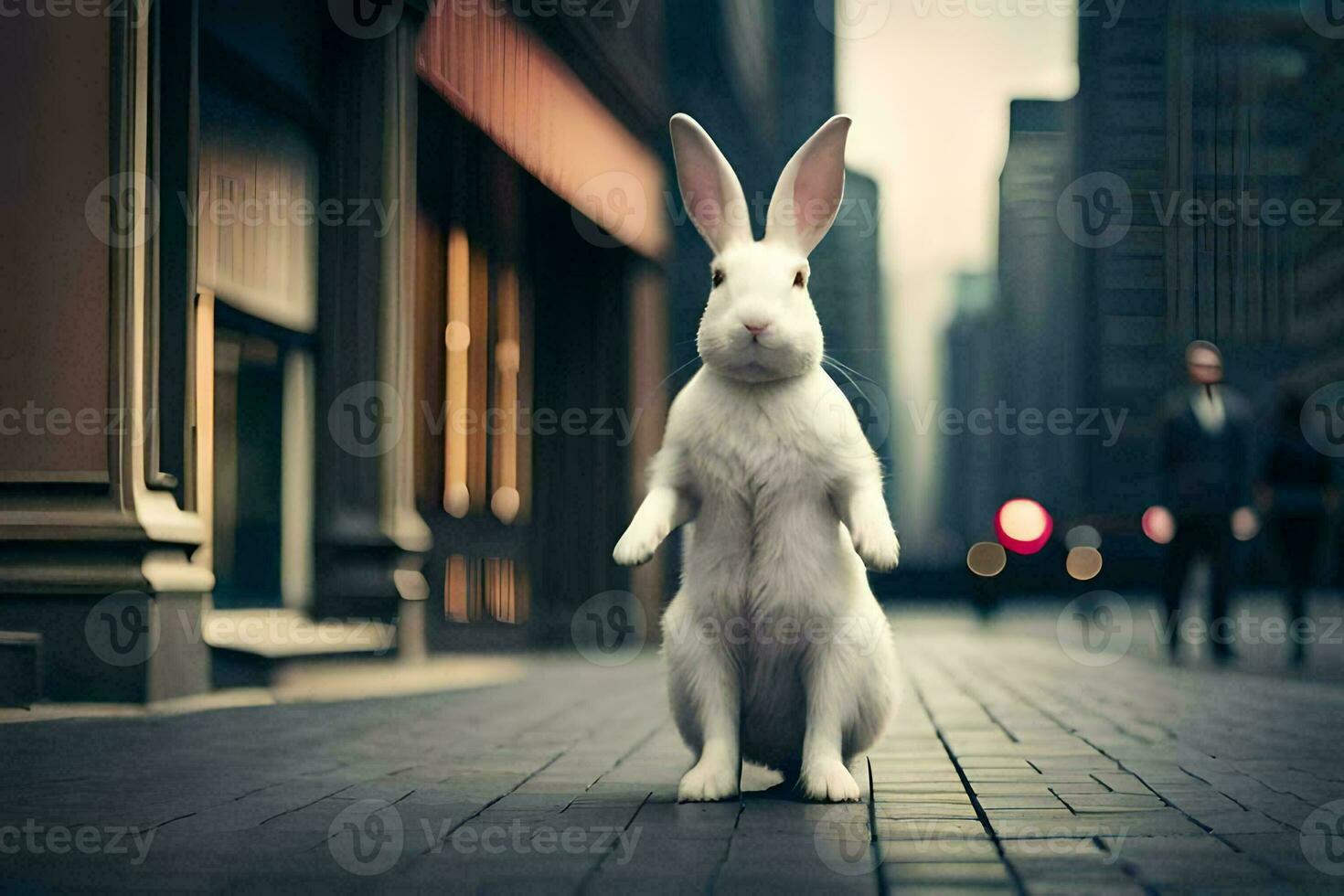 a white rabbit standing on its hind legs in a city street. AI-Generated photo