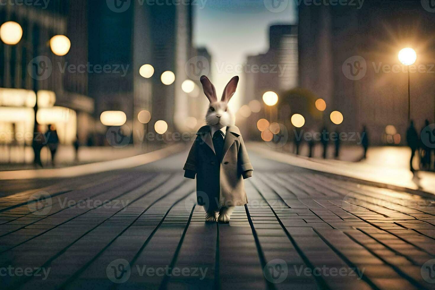 a rabbit in a suit stands in the middle of a city street. AI-Generated photo