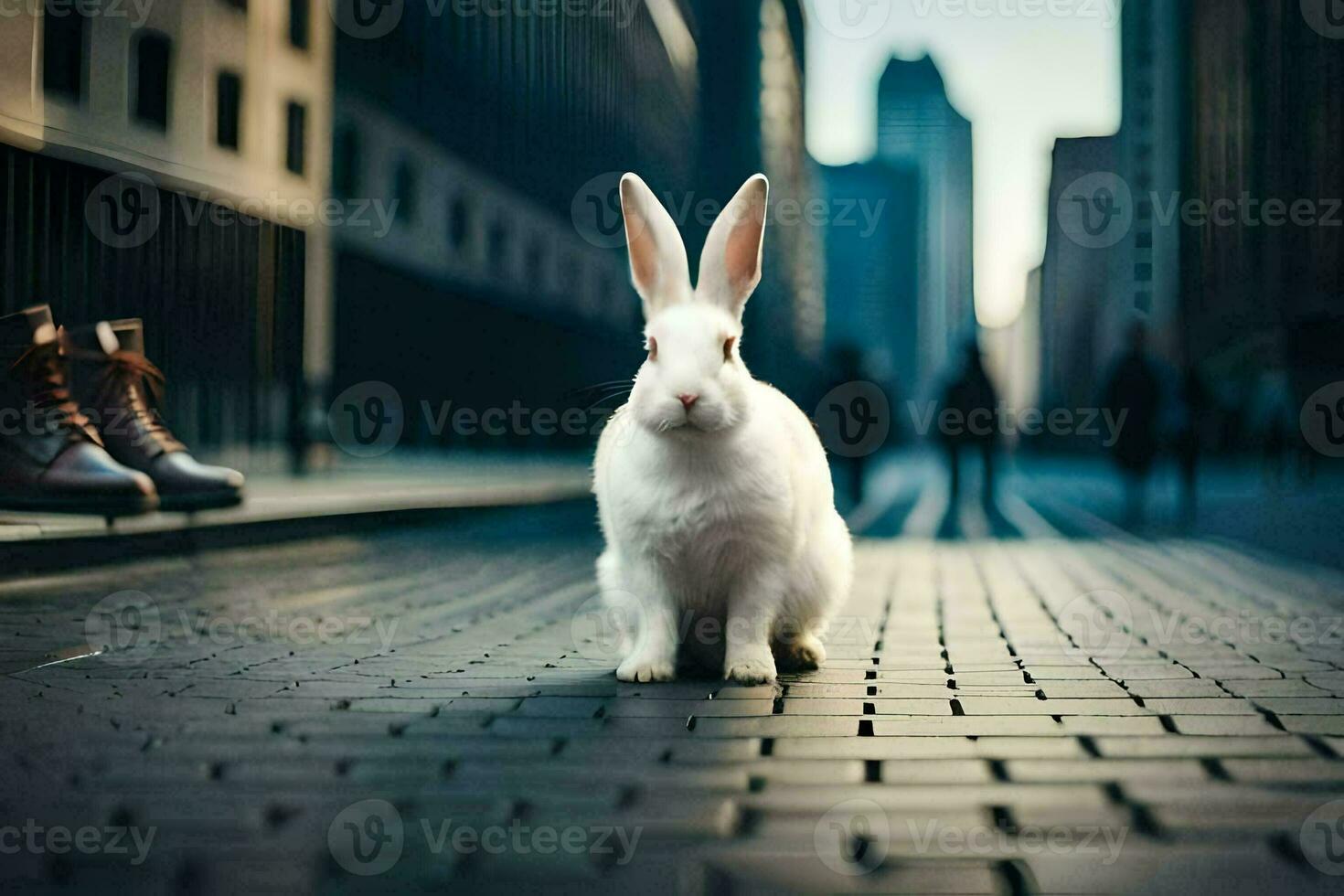 a white rabbit is standing on a street in the city. AI-Generated photo