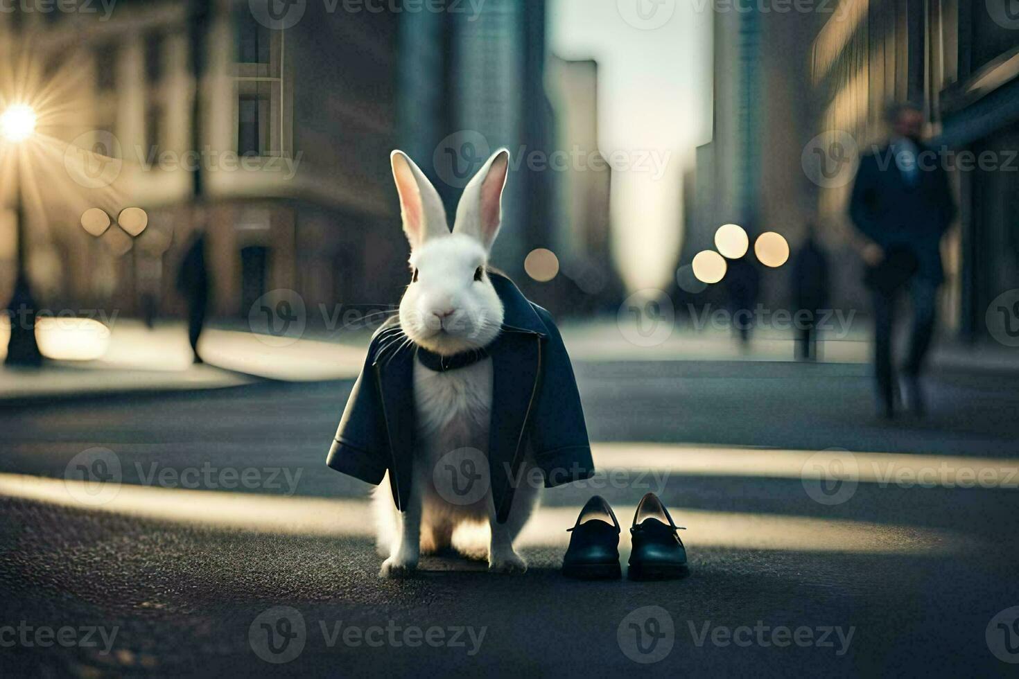 a rabbit wearing a suit and tie standing on the street. AI-Generated photo