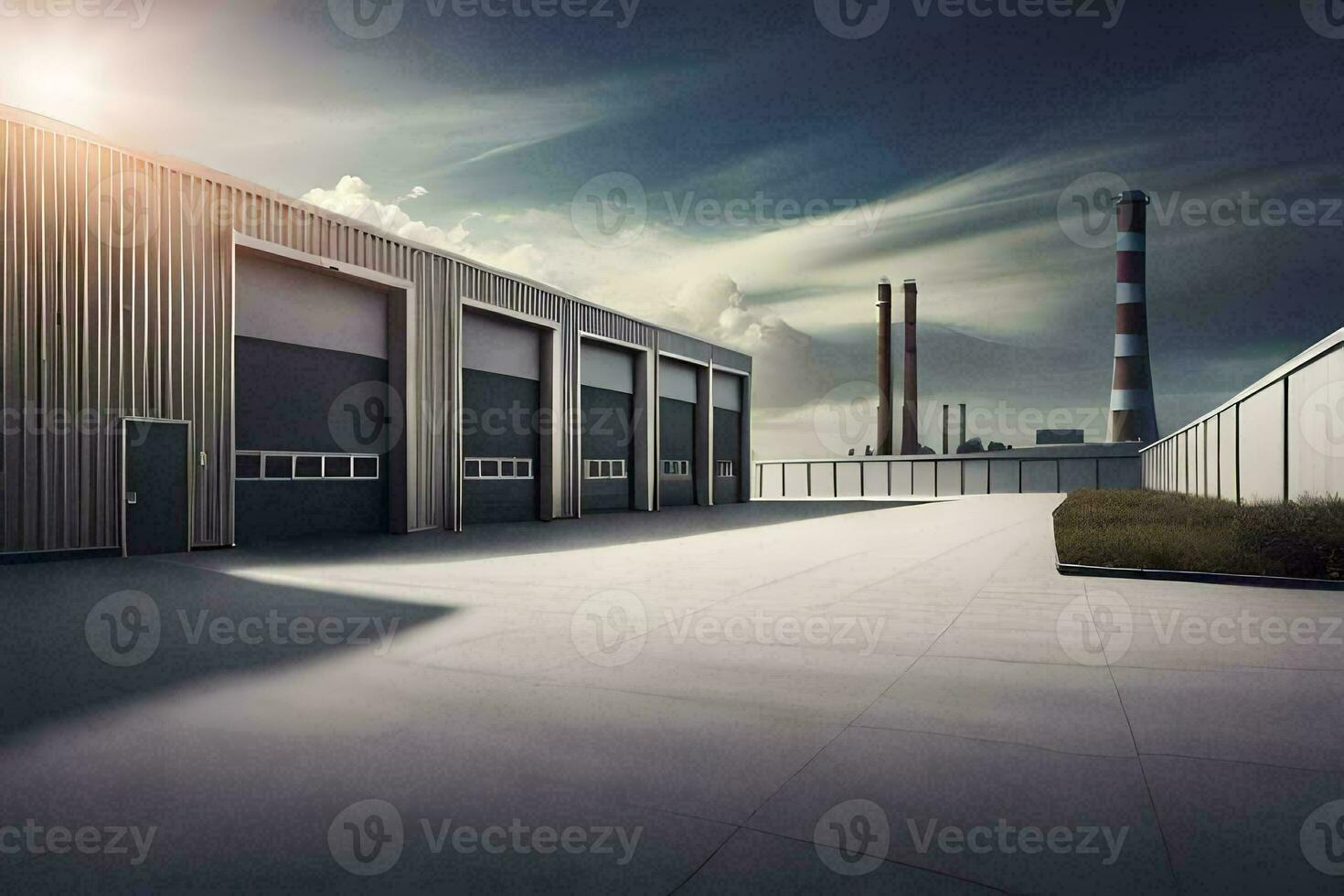 industrial warehouse with a sun shining through the clouds. AI-Generated photo