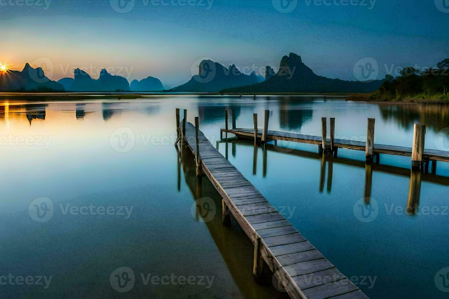 a wooden pier in the middle of a lake at sunset. AI-Generated photo