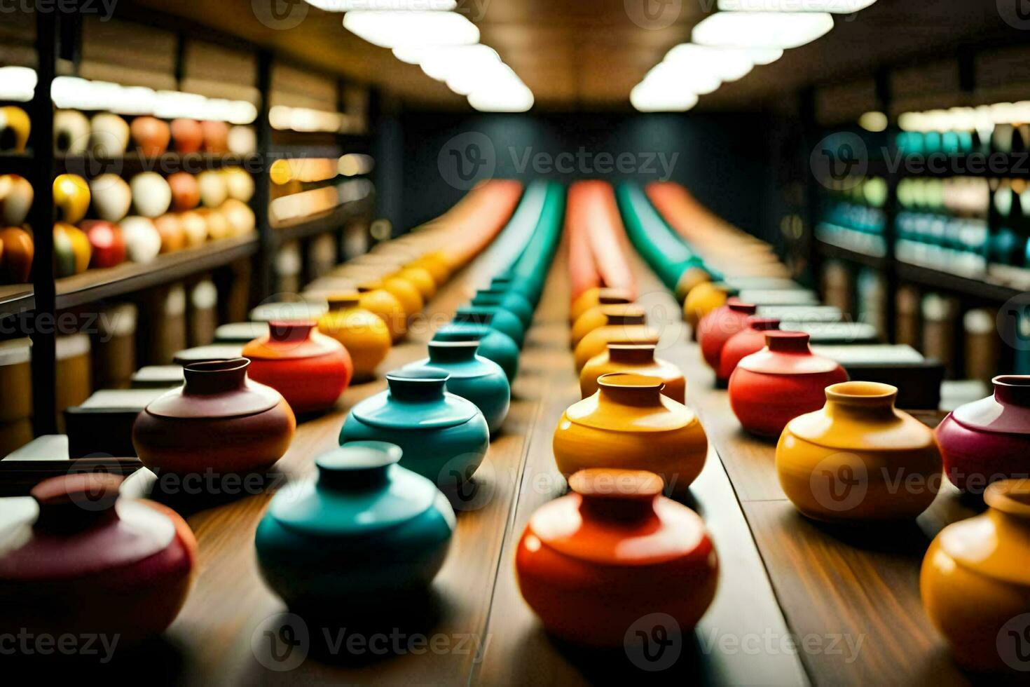 a row of colorful vases on a wooden table. AI-Generated photo