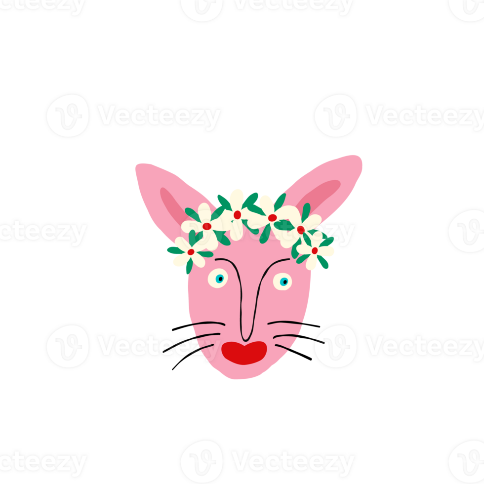 Lovely bizarre pink bunny face with floral wreath. Modern hand drawn cartoon illustration of bunny in doodle style png