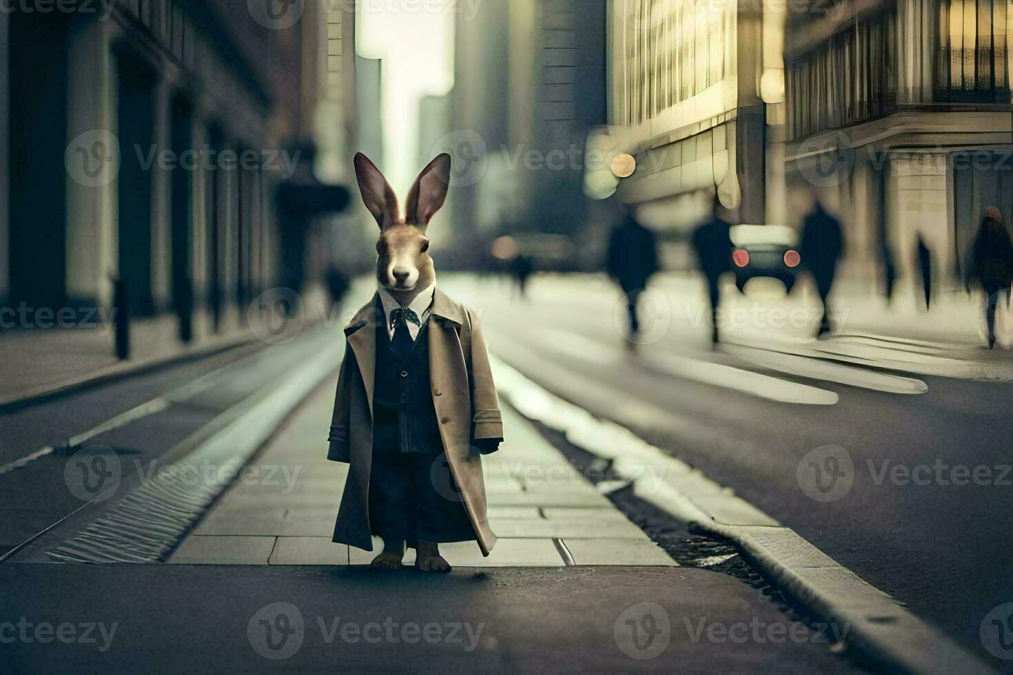 a rabbit dressed in a suit and tie standing on the street. AI-Generated photo