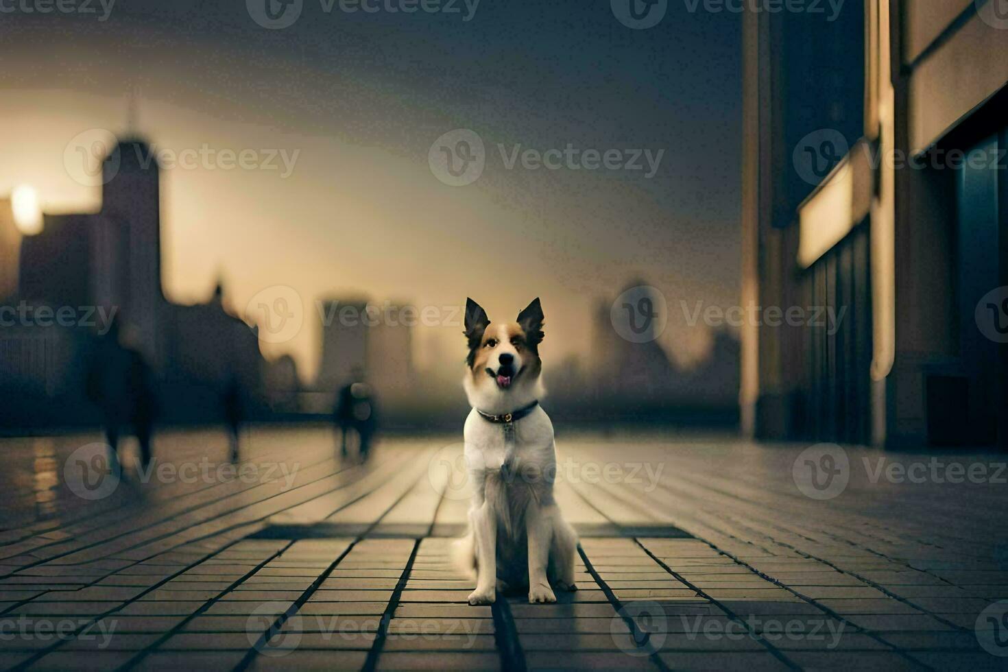 a dog sitting on a brick floor in front of a city skyline. AI-Generated photo