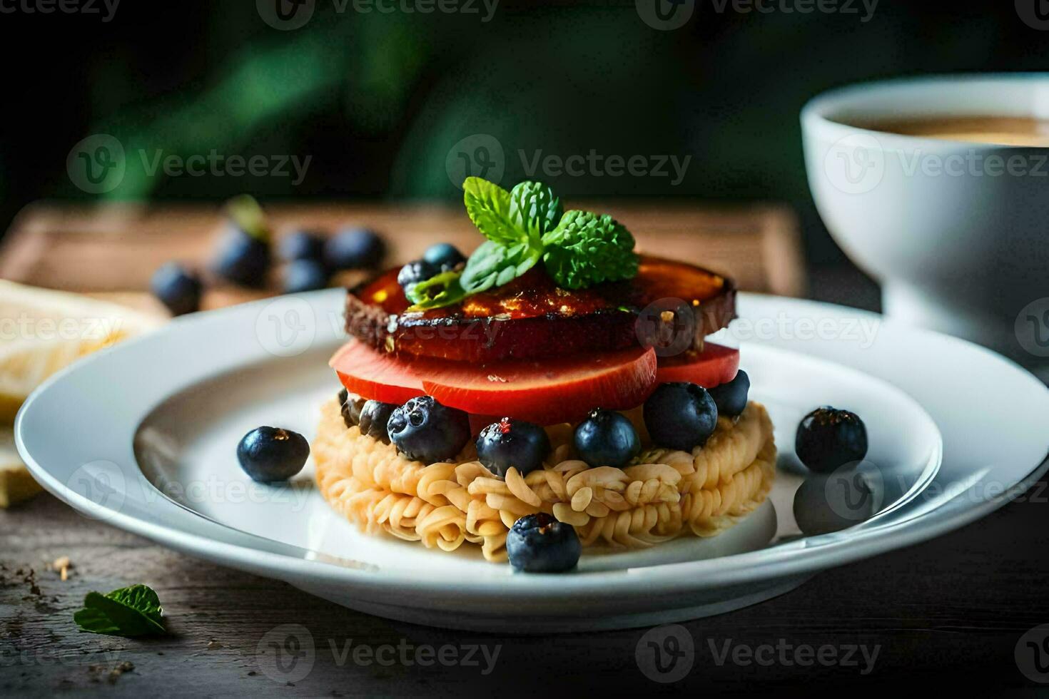 the food is served on a plate with a cup of coffee. AI-Generated photo