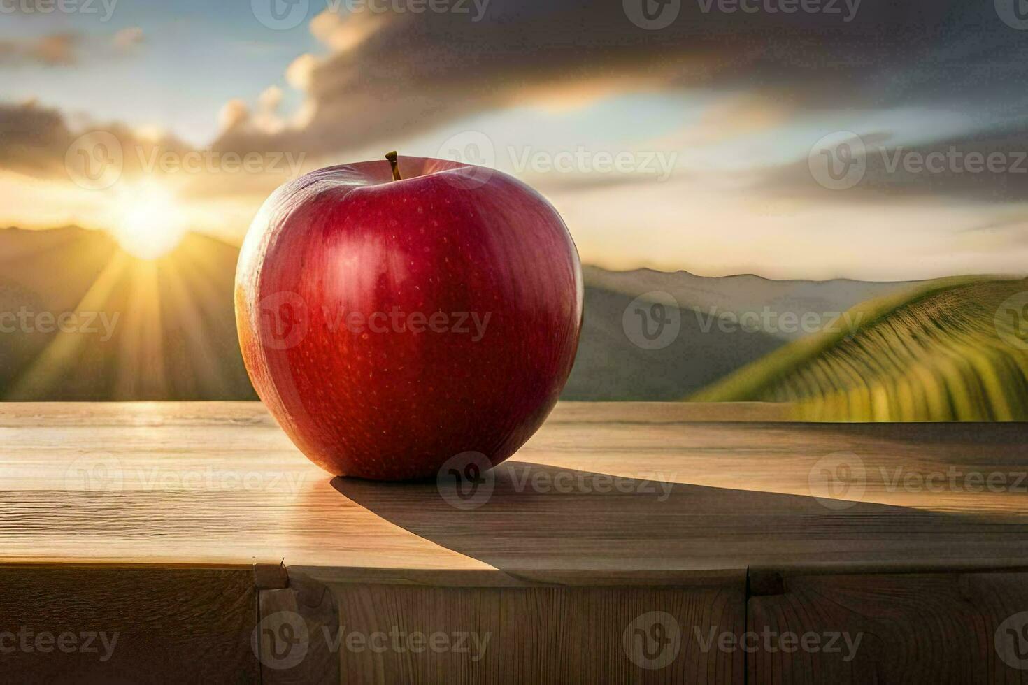 an apple sits on a table in front of a sunset. AI-Generated photo