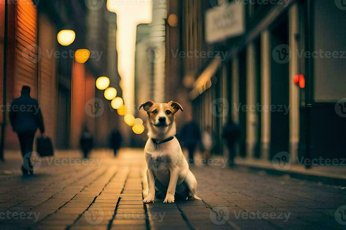 a dog sitting on the sidewalk in a city. AI-Generated photo