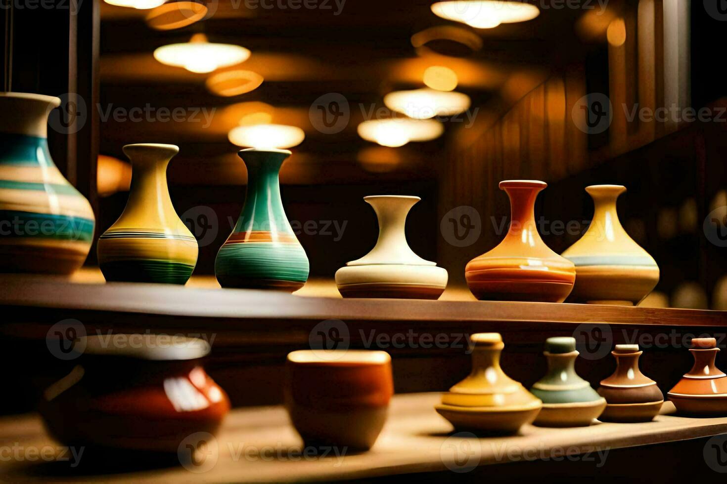 a row of colorful vases on a shelf. AI-Generated photo