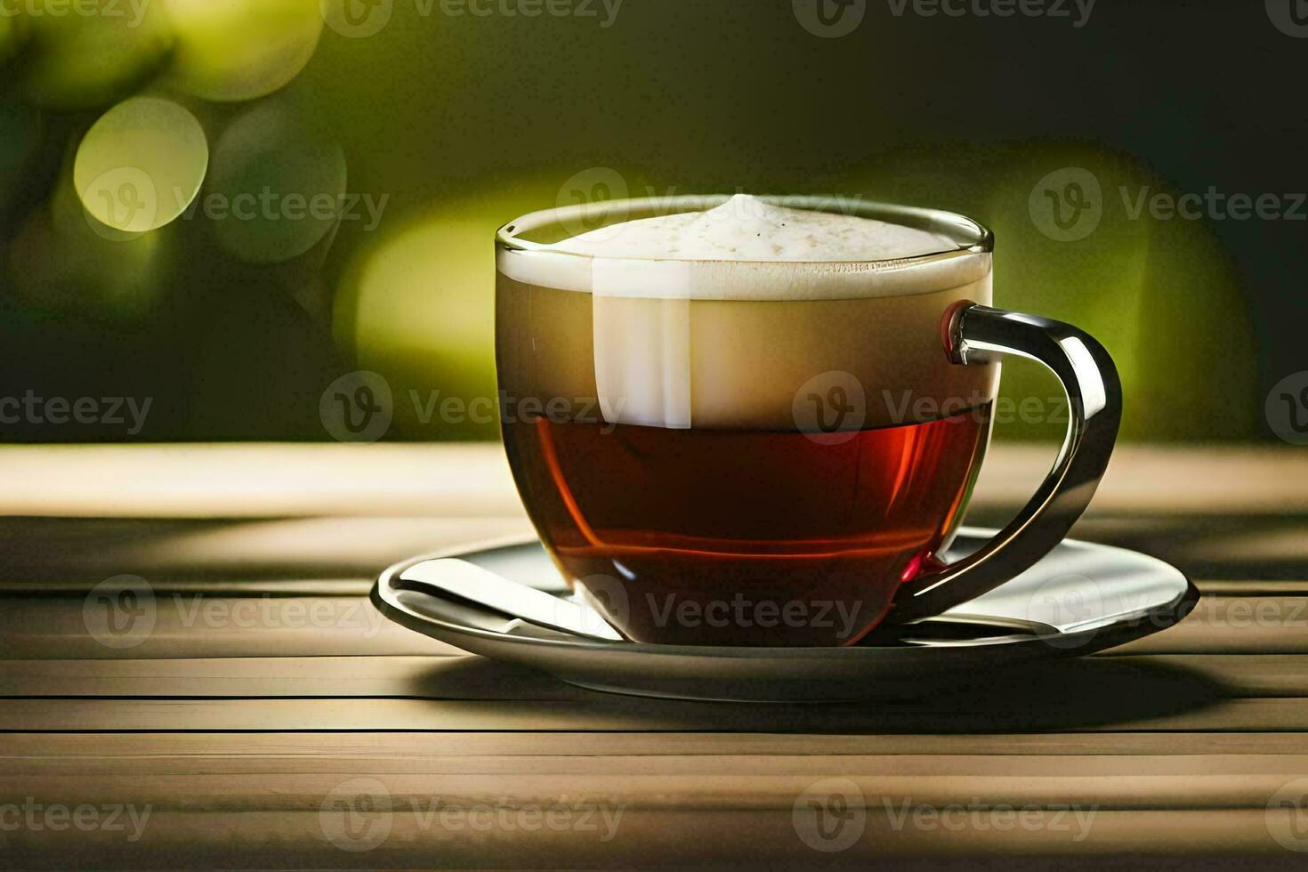 a cup of coffee on a wooden table. AI-Generated photo