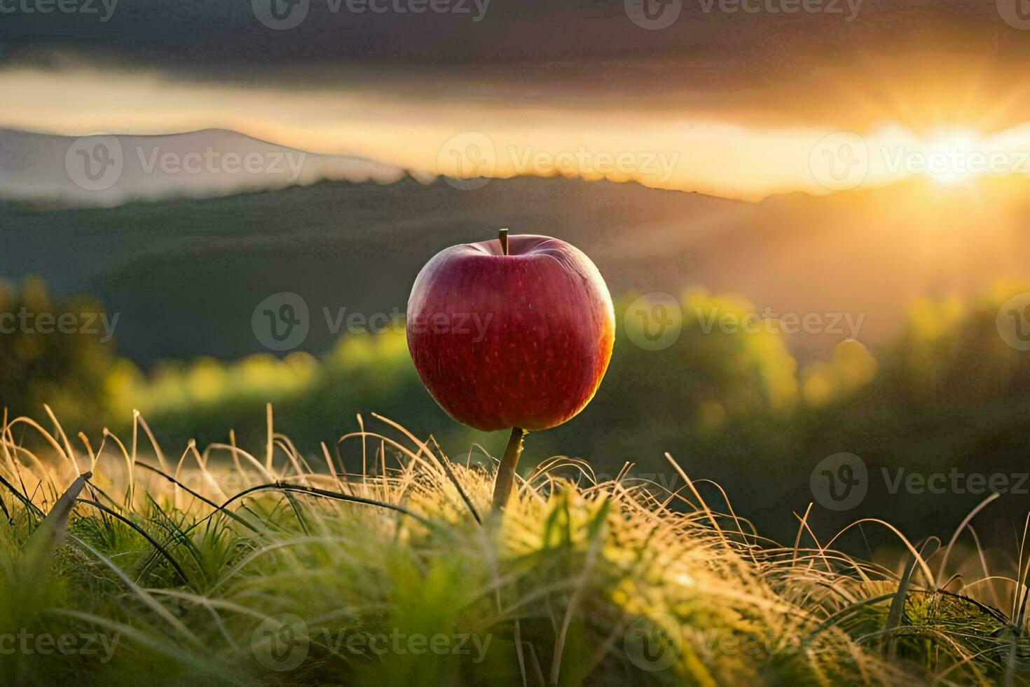 an apple is sitting in the grass with the sun setting behind it. AI-Generated photo
