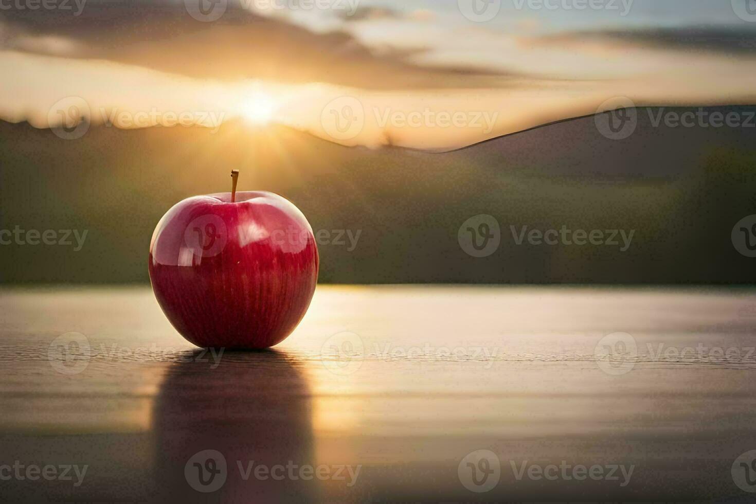 an apple sits on a table in front of a sunset. AI-Generated photo