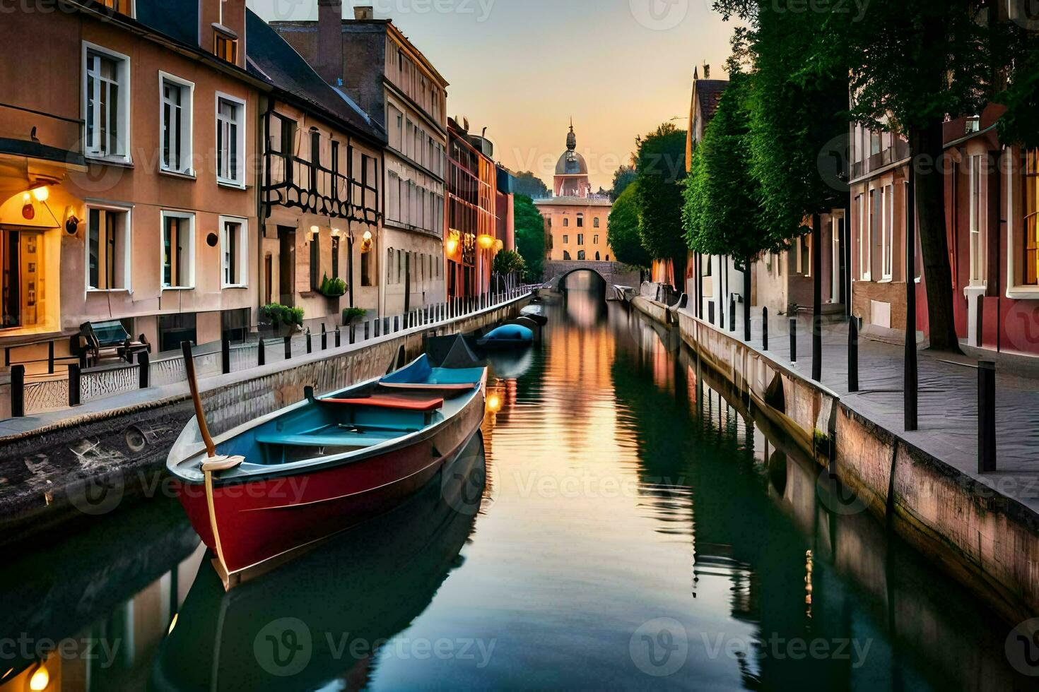 a boat is docked in a canal at sunset. AI-Generated photo