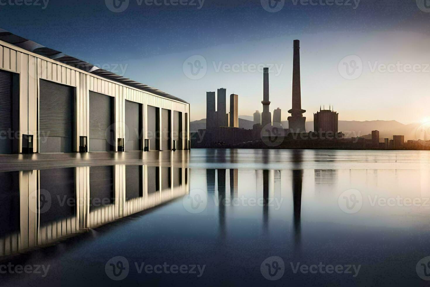 a factory building with a large water body in front of it. AI-Generated photo