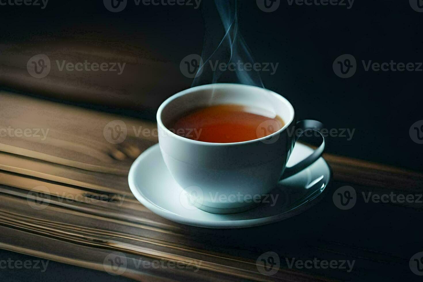 un taza de té en un de madera mesa. generado por ai foto