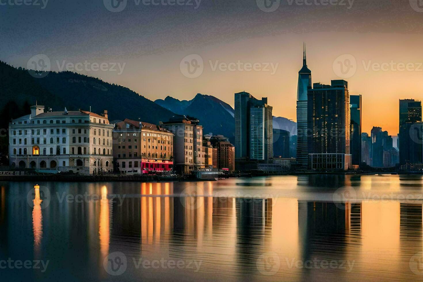 photo wallpaper the city, lake, mountains, buildings, lake, the city, the city,. AI-Generated