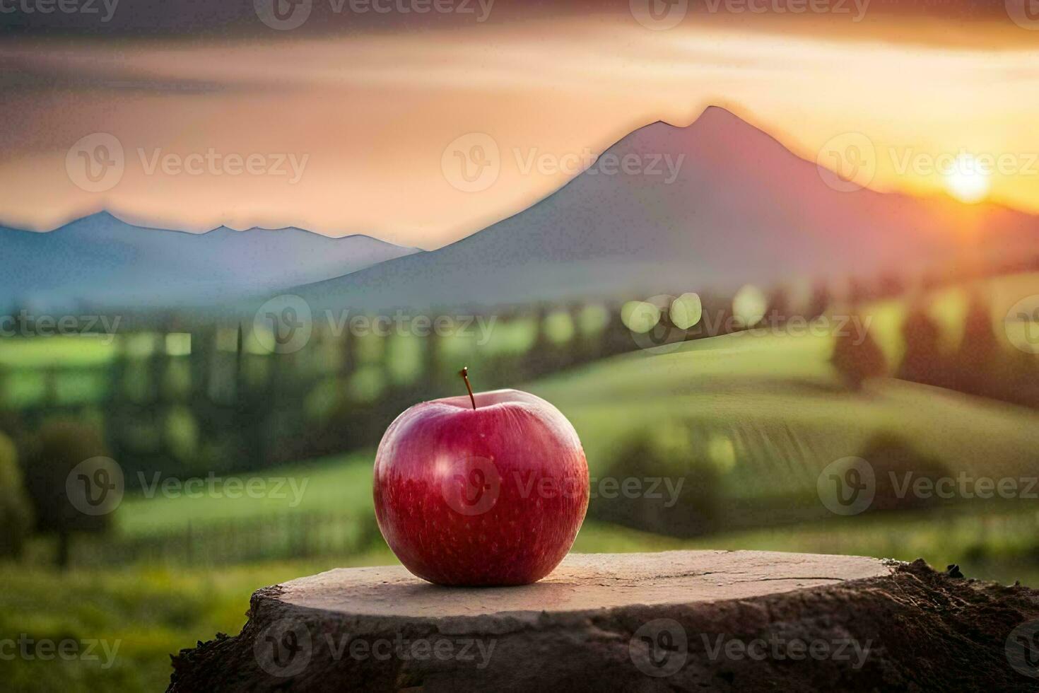 an apple sits on a stump in front of a mountain. AI-Generated photo