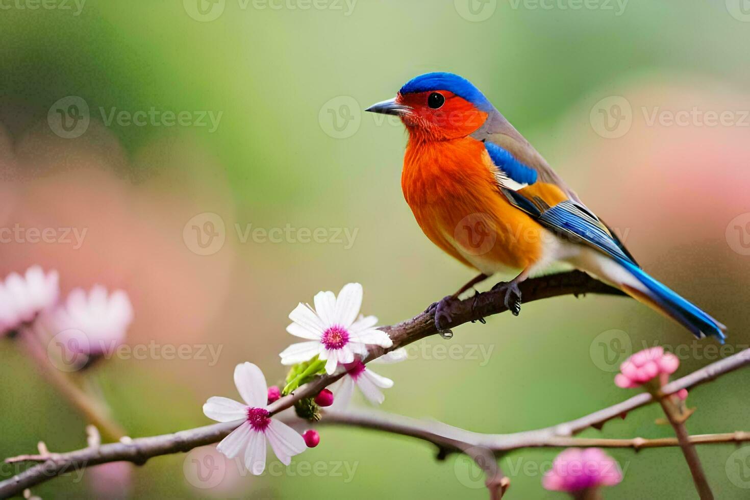 a colorful bird sits on a branch with flowers. AI-Generated photo