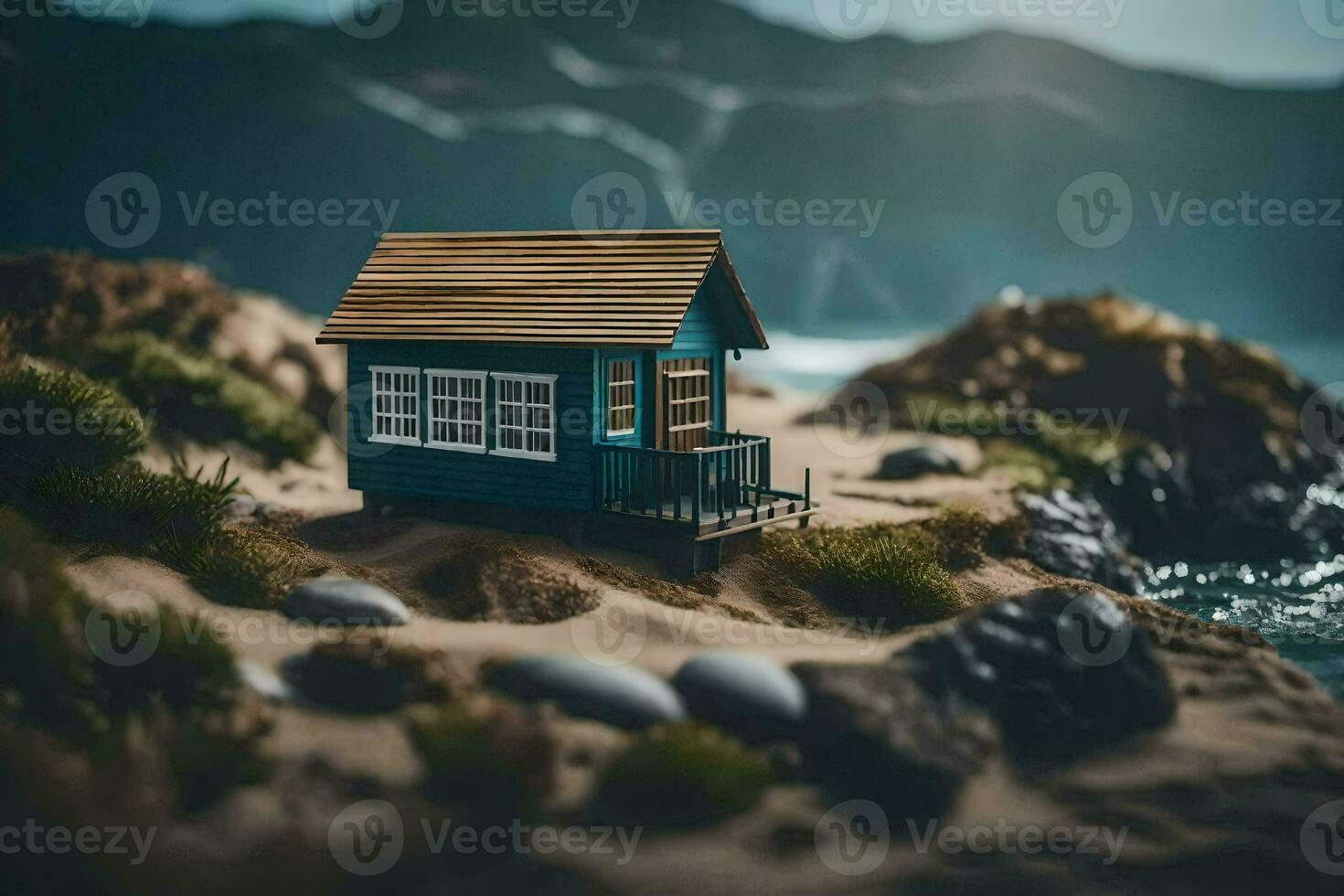 a miniature house on the beach by the ocean. AI-Generated photo