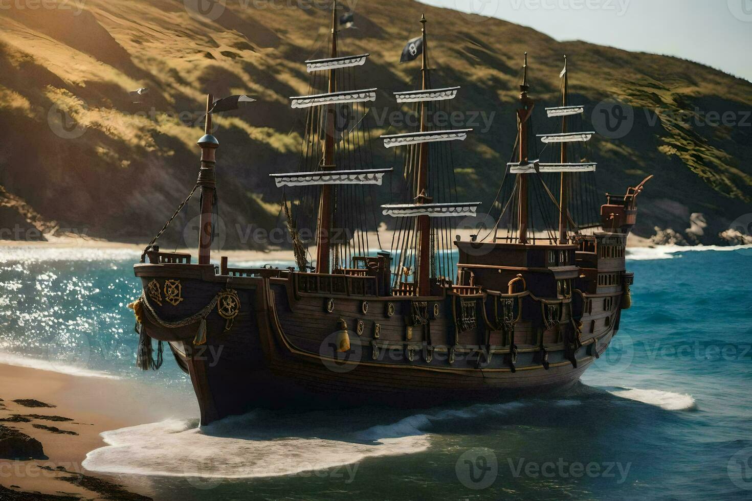 a pirate ship is on the beach near the ocean. AI-Generated photo