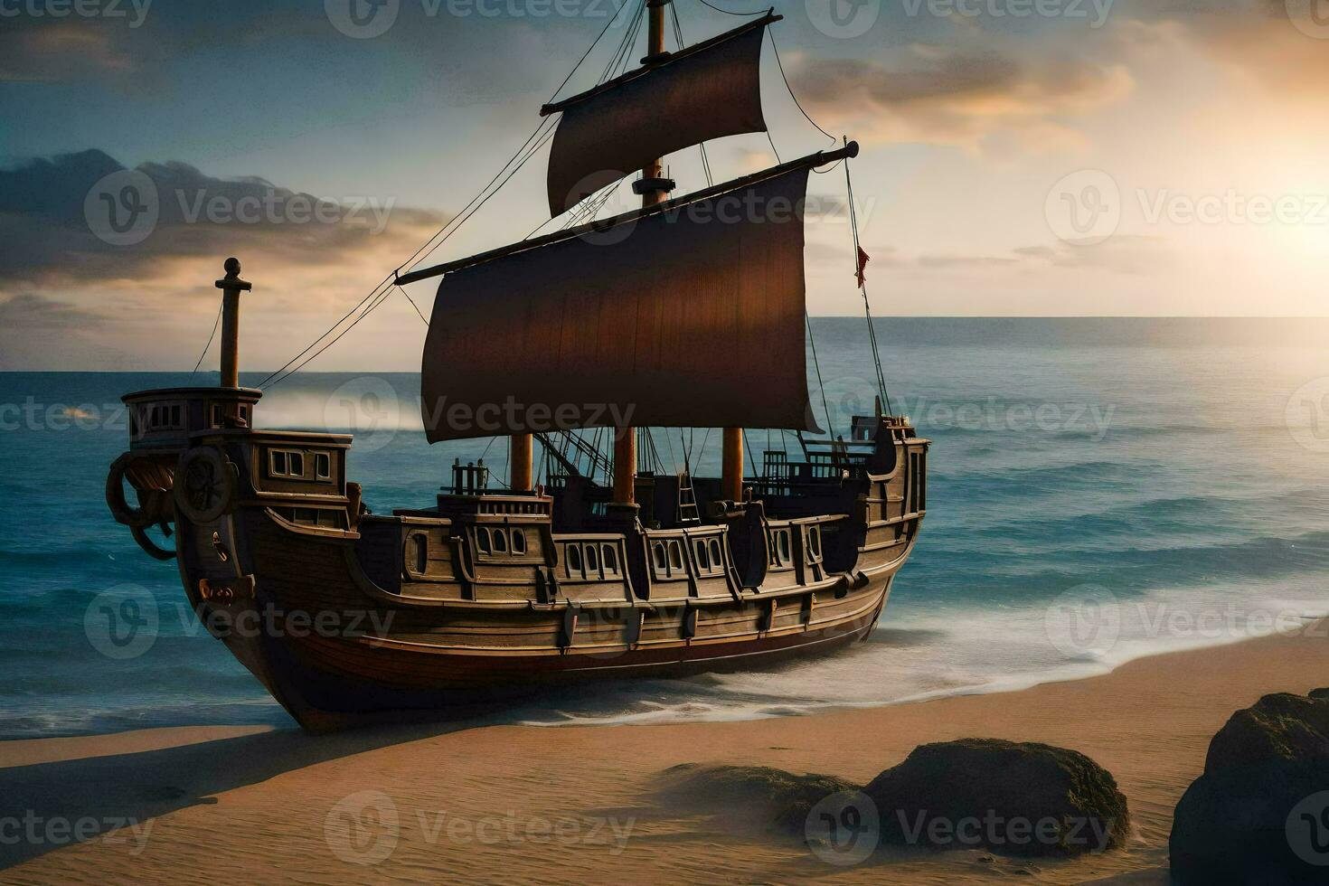 a pirate ship on the beach at sunset. AI-Generated photo