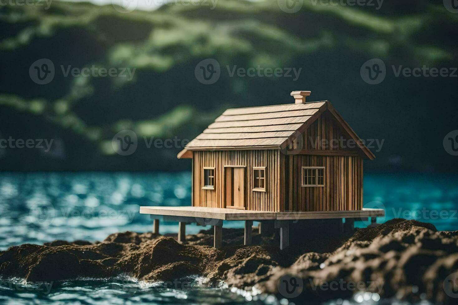 a miniature house on a rock near the ocean. AI-Generated photo