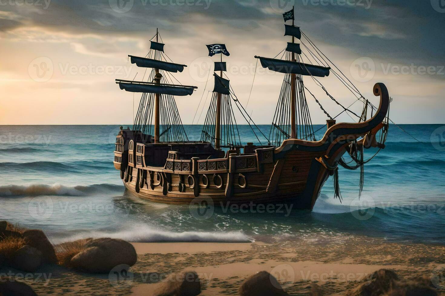 a pirate ship is on the beach at sunset. AI-Generated photo