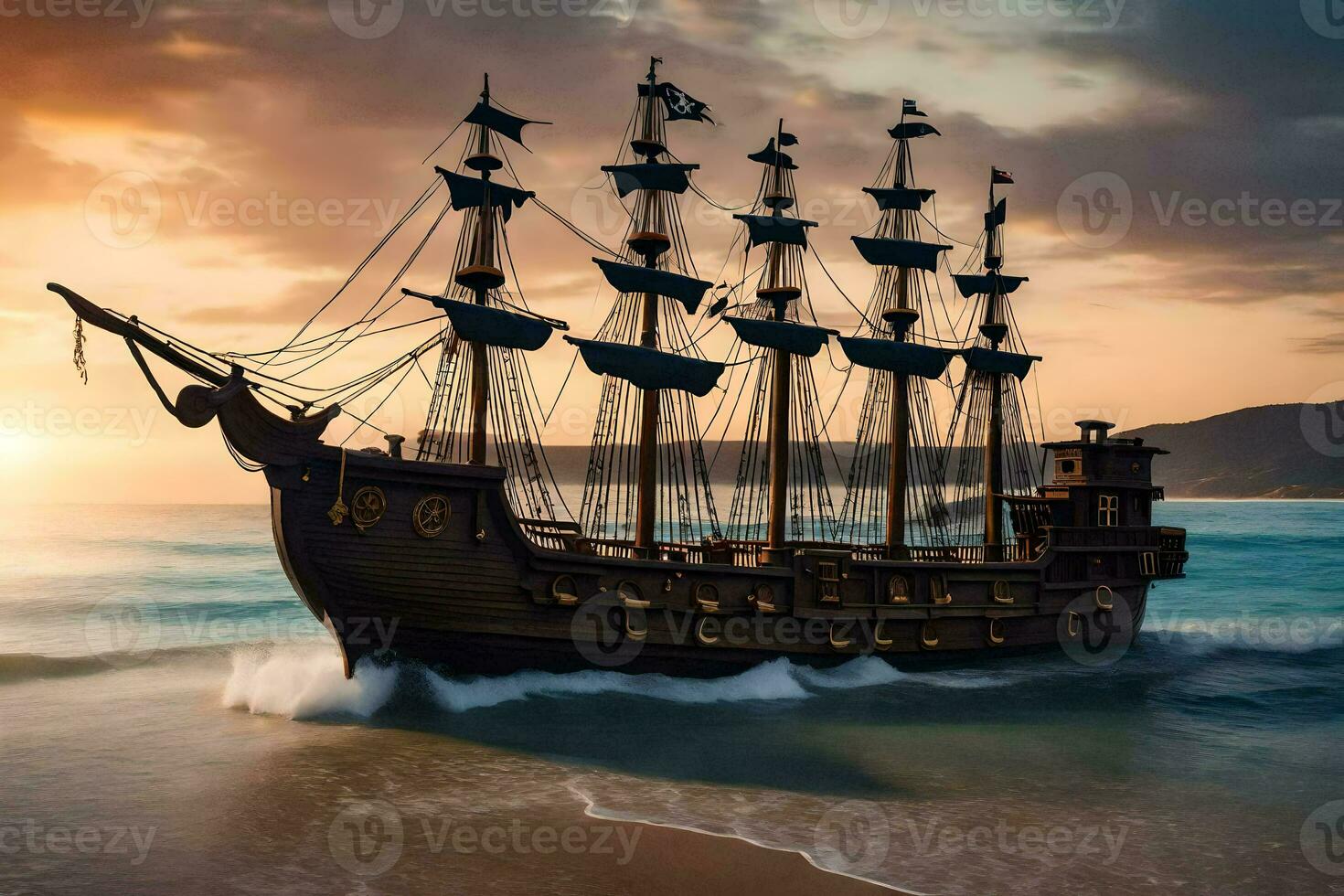 a pirate ship is sailing on the ocean at sunset. AI-Generated photo