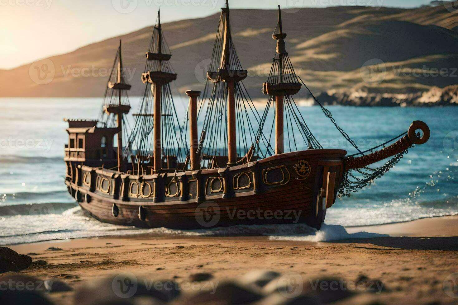 a model ship on the beach near the ocean. AI-Generated photo