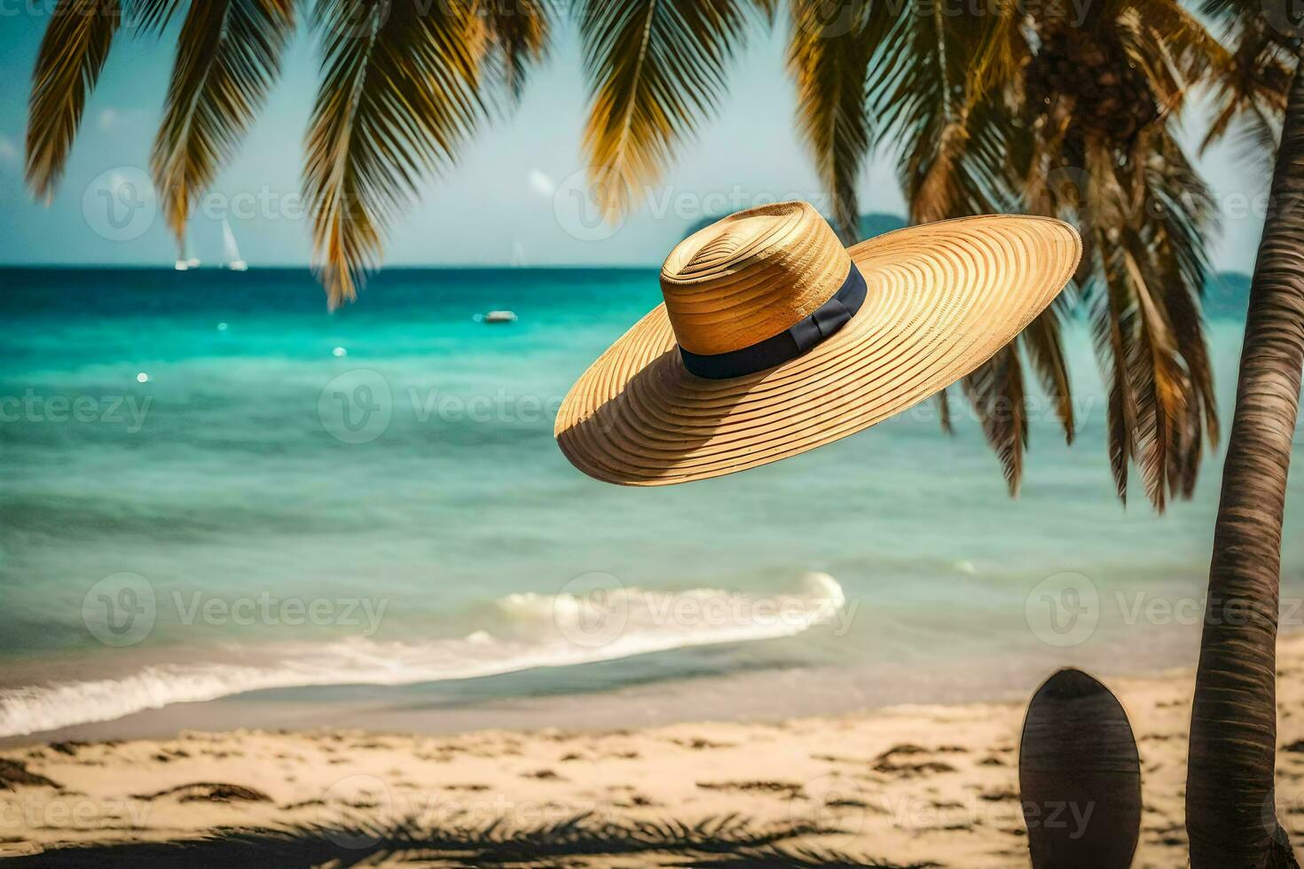 a hat is hanging from a palm tree on a beach. AI-Generated photo