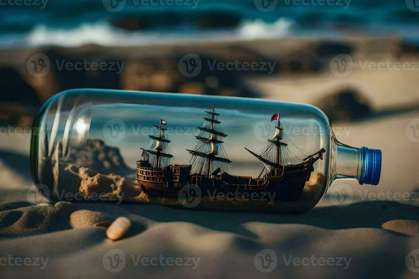 a ship in a bottle on the beach. AI-Generated photo